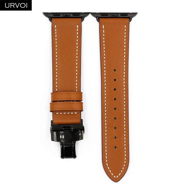 URVOI Deploy Buckle Band for Apple Watch 7 6 SE 5 4 3 Leather Strap for iwatch 41mm 45mm Single Round Design Butterfly Buckle