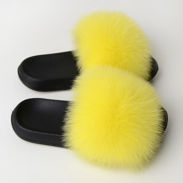 Real Fox Fur Slippers Women Summer Indoor Fluffy Flat Raccoon Fur Slides Outdoor Fashion Casual Beach Shoes Plus Size Shoes