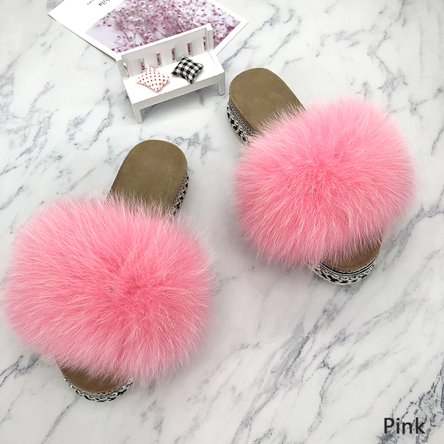 Fur Slides Summer Rivets Platform Sandals Ladies Sandals Outdoor Real Fur Ladies Heels Shoes 2021 New Fluffy Slippers Flip Flops