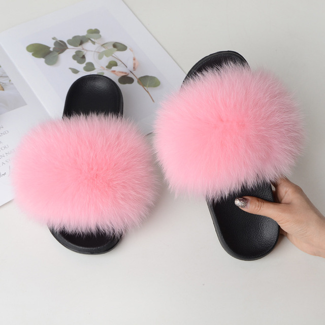 Summer fox fur slippers flat non-slip solid plush home shoes