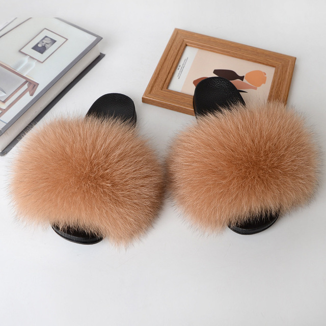 Women Summer Fluffy Fur Slippers Flat Non-slip Solid Real Furry Fur Slides Platform Shoes Plush Fur Sandals Flip Flops Women