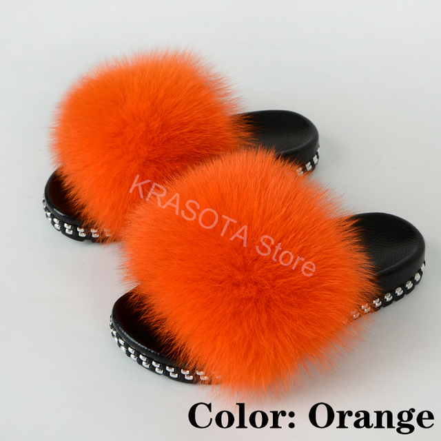 Fur Slippers Women Real Fox Fur Slides Fluffy Home Slippers Luxury Flip Flop with Fur Ladies Platform Sandals Summer Shoes Women