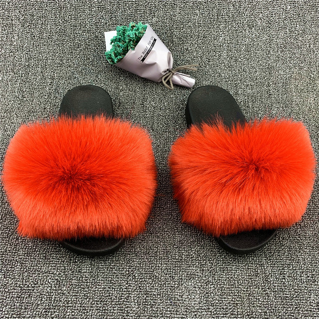 Fashion designer luxury ladies furry fur slippers colorful sandals rainbow shoes for women