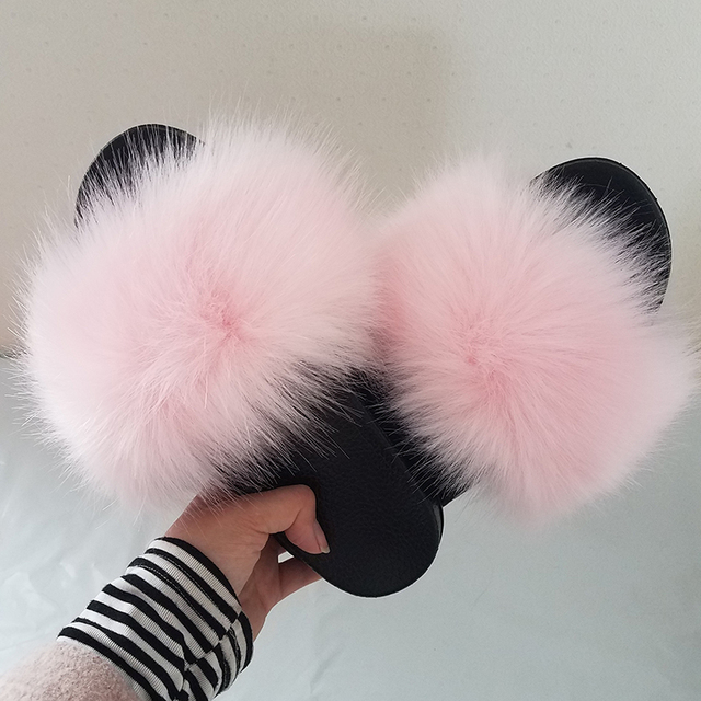 Women Summer New Synthetic Fox Fur Slippers Indoor Home Furry Cute Faux Raccoon Fur Non-slip Outdoor Home Shoes Beach Sandals