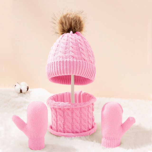 Cute Hat Scarf Set Beanie Hat Gloves 3pcs Children Hats Girls Fake Ball Pom Keep Warm Winter Knitted Skullies Kids Bone