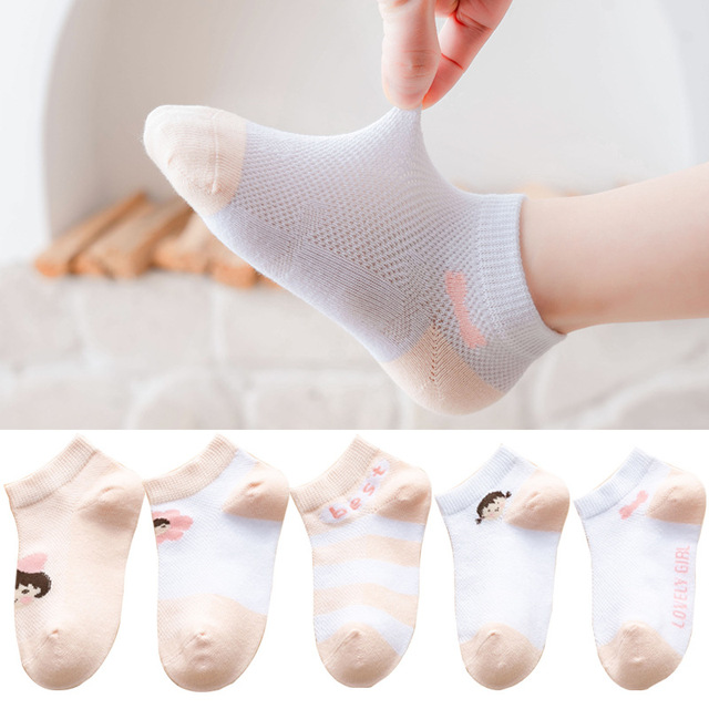 5 Pairs Girls Cotton Socks Summer Thin Mesh Breathable Cute Cartoon Children Socks Toddler Baby Girls Socks Pink 1-12 Years