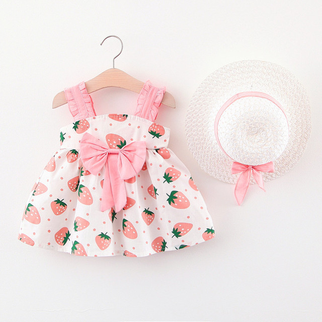 Summer Toddler Infant Girl Clothes Set Baby BeBe Beach Dresses Cute Bow Plaid Sleeveless Cotton Newborn Princess Dress+Sunhat