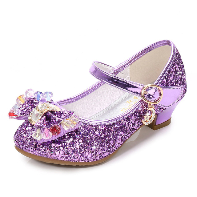 ULKNN-Girls Princess Leather Shoes Casual Floral Sequin High Heel Butterfly Bowknot Shoes Blue Pink Silver