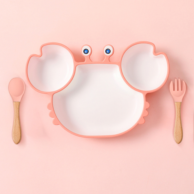 Baby Bowls Plates Spoons Silicone Suction Feeding Food Tableware Free Non-slip Baby Dishes Crab Food Bowl Feeding for Kids