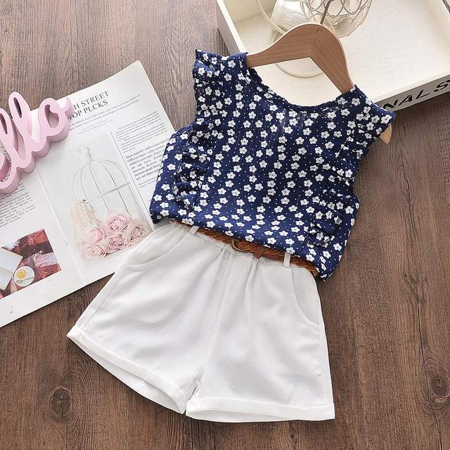 Girls clothes set 2022 new summer sleeveless T-shirt and print bow shorts for girl kids clothes children clothing 3 5 7 years