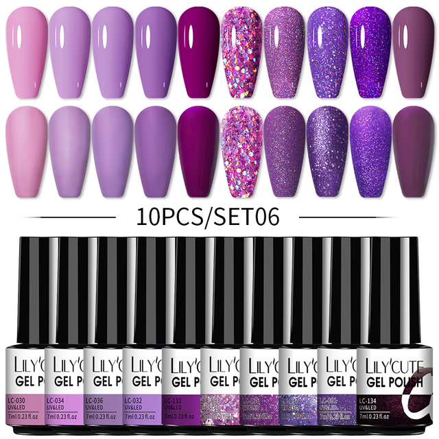 LILYCUTE 10pcs Gel Nail Polish Set With UV Lamp Nude Gel Semi Permanent Hybrid Varnish Base Top Coat Soak Off UV LED Nail Art