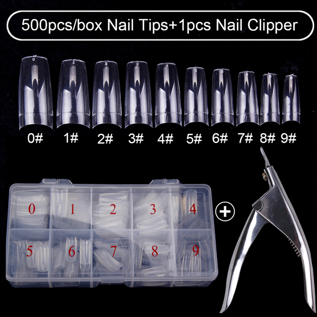 500pcs/box Clear Artificial False Nail Tips Capsule with Nails Cutter Coffin French Full Cover Fake Nails Manicure Tools