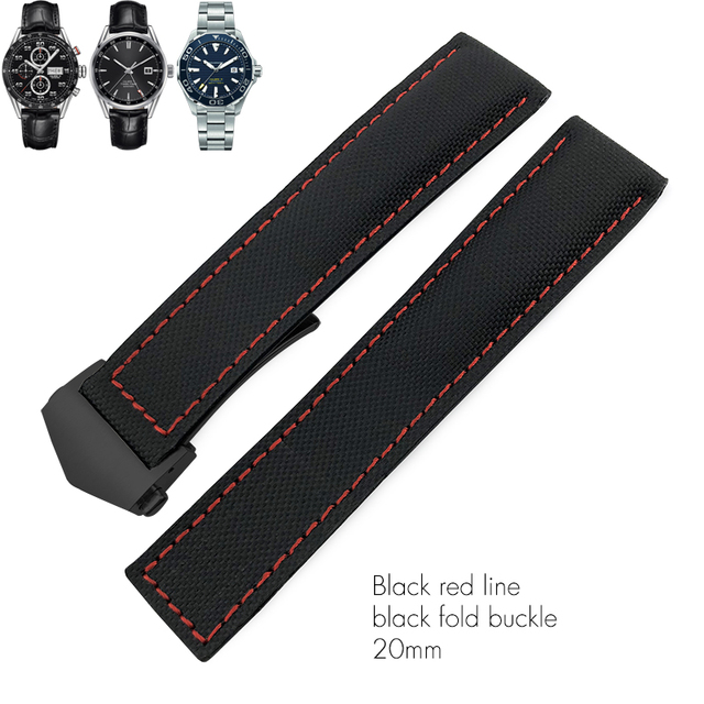 20mm 22mm Canvas Nylon Leather Watch Strap Fold Buckle Black Watch Band For Tag Heuer Carrera AQUARACER Watch Bracelets For Men