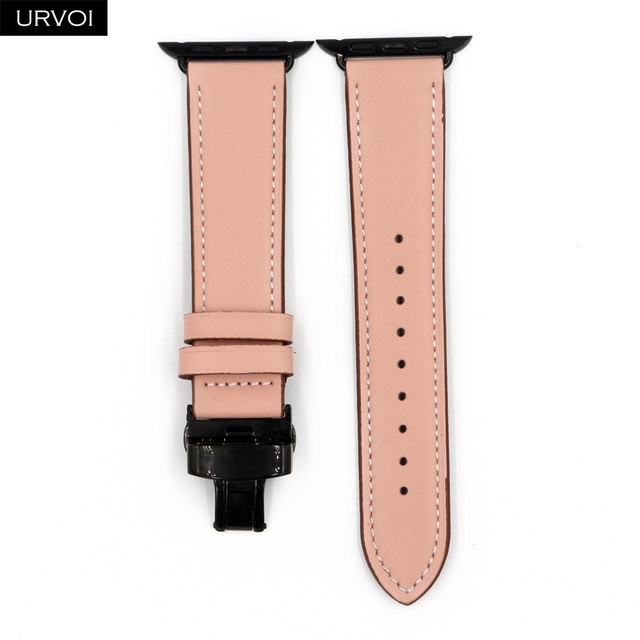 URVOI Deploy Buckle Band for Apple Watch 7 6 SE 5 4 3 Leather Strap for iwatch 41mm 45mm Single Round Design Butterfly Buckle