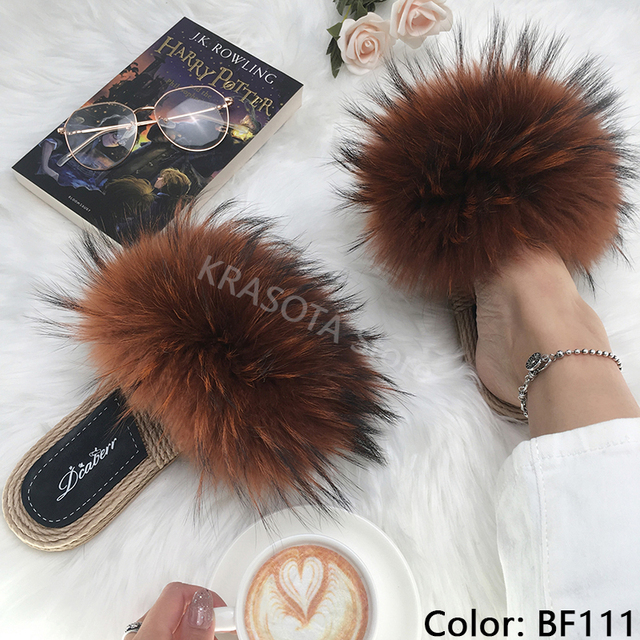 Real Fox Fur Slides Summer Women Faux Espadrilles Slippers Ladies Fluffy Flip Flops Luxury Furry Sandals Shoes 36 37 38 39 40