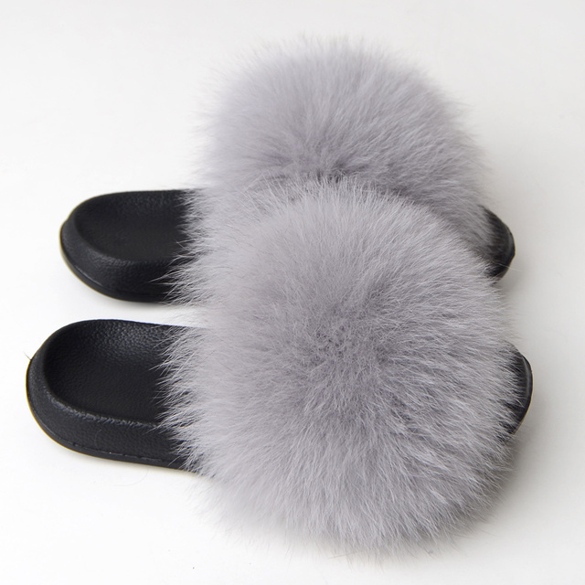 Real Fox Fur Slippers Women Summer Indoor Fluffy Flat Raccoon Fur Slides Outdoor Fashion Casual Beach Shoes Plus Size Shoes