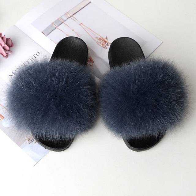 Women Summer Fluffy Fur Slippers Flat Non-slip Solid Real Furry Fur Slides Platform Shoes Plush Fur Sandals Flip Flops Women