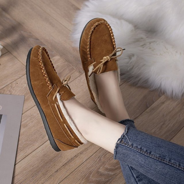 Women Slippers Winter Bow Tie Plush Warm Shoes Inside Loafers Indoor Slippers Ladies Ladies Slip On Shoes Chaussure Femme Women Shoes Non-leather Casual Shoes Women's Shoe Brand