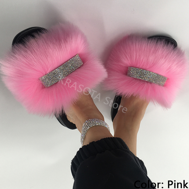 Home Slippers Women Thin Slippers Luxury Summer Faux Fur Slippers Furry Slides Shoes For Women With Rhinestones Slipper 2022