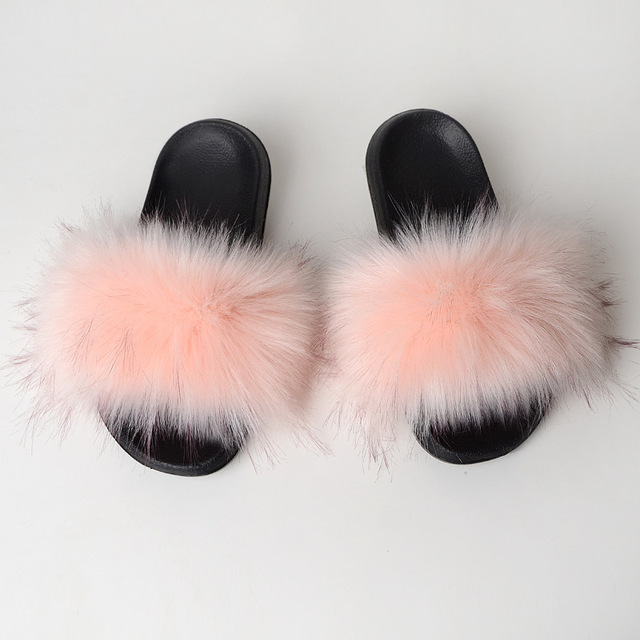 Women Summer New Synthetic Fox Fur Slippers Indoor Home Furry Cute Faux Raccoon Fur Non-slip Outdoor Home Shoes Beach Sandals