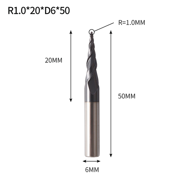 VACK - Ball Nose Pointed End Mills, 3.175mm, 4mm, 6mm, 8mm, Router Bits, Cnc, Wood and Metal Milling Machine