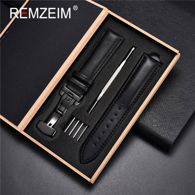 Rimzm Soft Calfskin Leather Watches 18mm 20mm 22mm 24mm Straps Automatic Butterfly Clasp Watch Accessories With Box