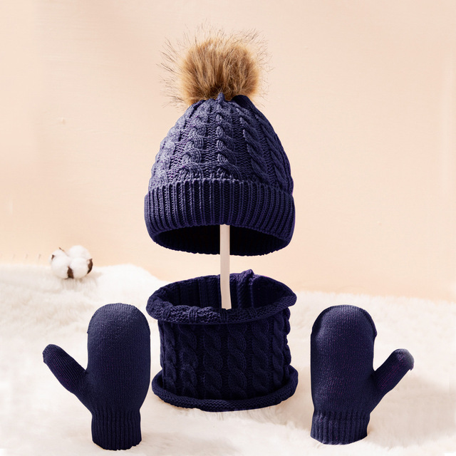 Cute Hat Scarf Set Beanie Hat Gloves 3pcs Children Hats Girls Fake Ball Pom Keep Warm Winter Knitted Skullies Kids Bone