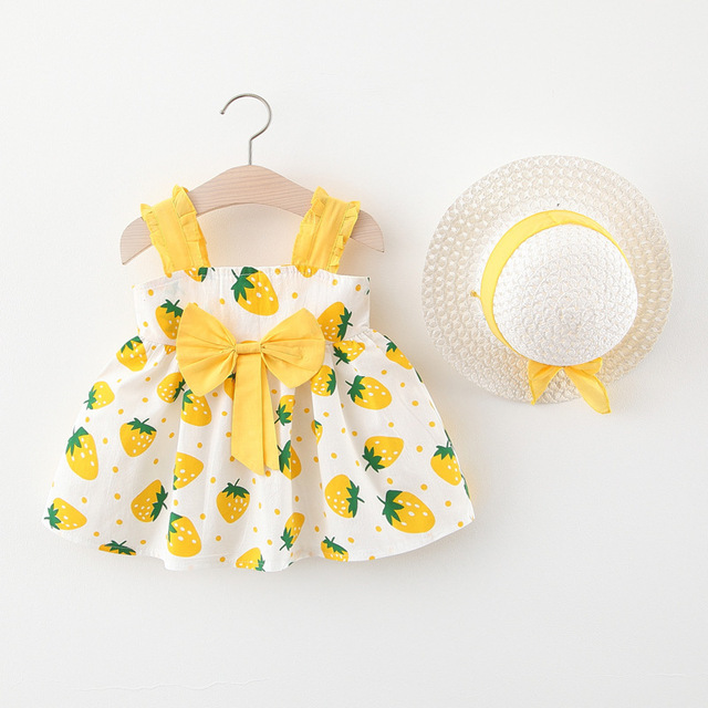 Summer Toddler Infant Girl Clothes Set Baby BeBe Beach Dresses Cute Bow Plaid Sleeveless Cotton Newborn Princess Dress+Sunhat