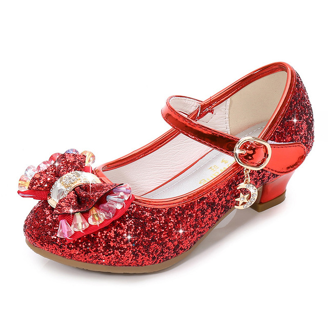 ULKNN-Girls Princess Leather Shoes Casual Floral Sequin High Heel Butterfly Bowknot Shoes Blue Pink Silver