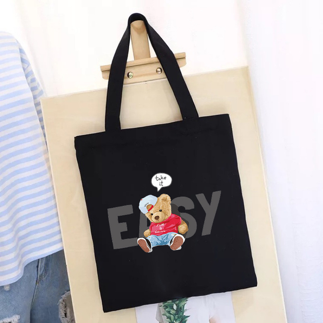 Women's Shopping Bag All-match Bear Chain Handbag Folding Reusable Canvas Shopper Harajuku Style Bag New Student Canvas Tote Bag