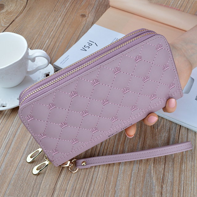 Long Wallet Double Zipper Crown Embroidery Thread Wallet Women Multi Cards Fashion Wild Mobile Phone Bag Wallets 785