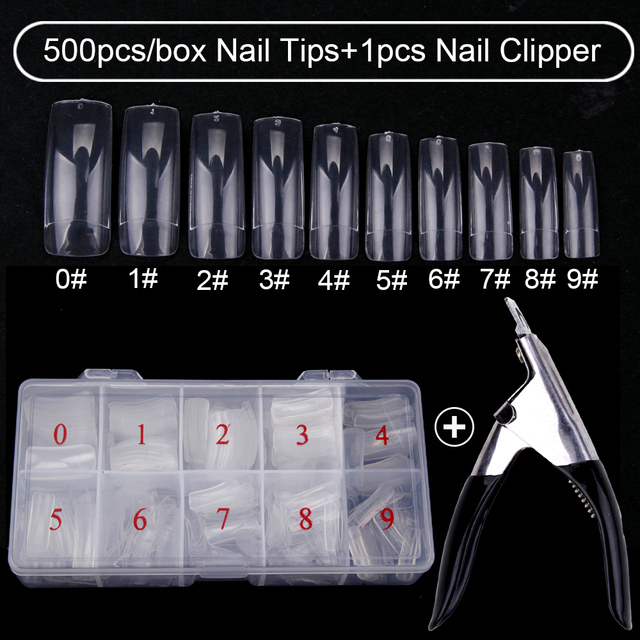 500pcs/box Clear Artificial False Nail Tips Capsule with Nails Cutter Coffin French Full Cover Fake Nails Manicure Tools