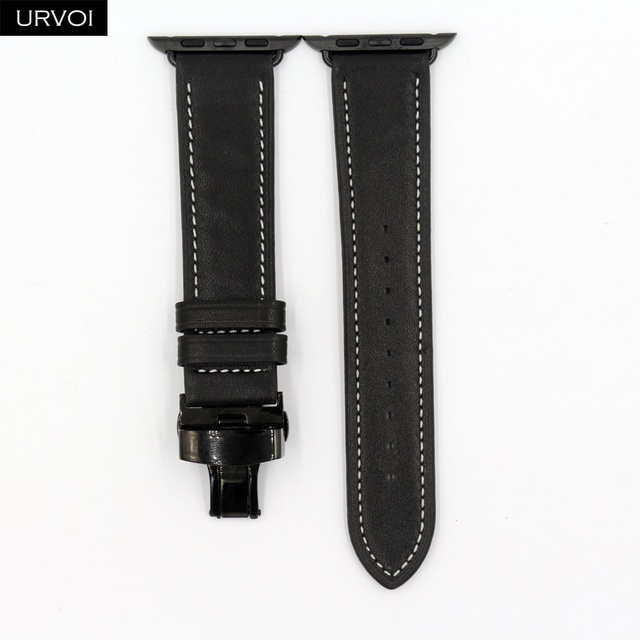 URVOI Deploy Buckle Band for Apple Watch 7 6 SE 5 4 3 Leather Strap for iwatch 41mm 45mm Single Round Design Butterfly Buckle