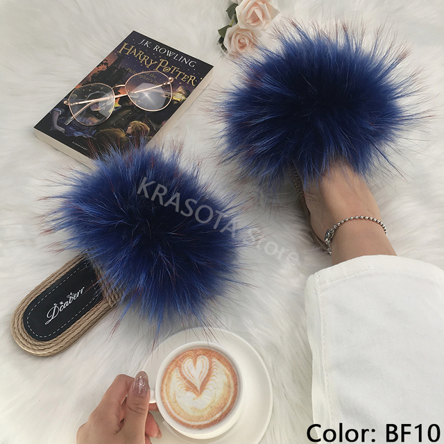 Real Fox Fur Slides Summer Women Faux Espadrilles Slippers Ladies Fluffy Flip Flops Luxury Furry Sandals Shoes 36 37 38 39 40