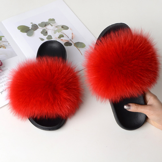 Summer fox fur slippers flat non-slip solid plush home shoes