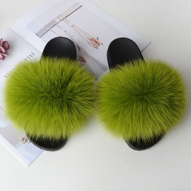 Women Summer Fluffy Fur Slippers Flat Non-slip Solid Real Furry Fur Slides Platform Shoes Plush Fur Sandals Flip Flops Women