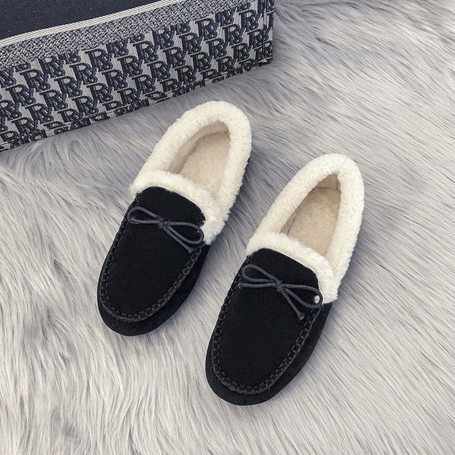 Women Slippers Winter Bow Tie Plush Warm Shoes Inside Loafers Indoor Slippers Ladies Ladies Slip On Shoes Chaussure Femme Women Shoes Non-leather Casual Shoes Women's Shoe Brand