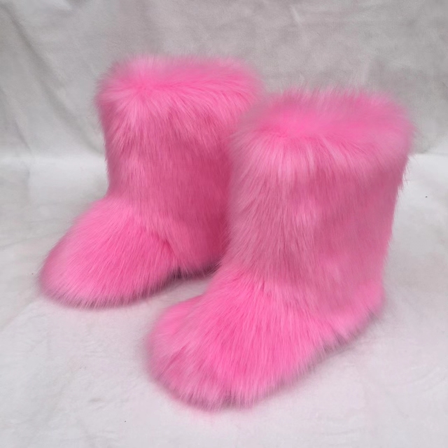 Women Snow Boots Outdoor Fur Boots Fluffy Fur Female Luxury Furry Plush Bottes Warm Mid-Calf Winter Boots Large Size Platform