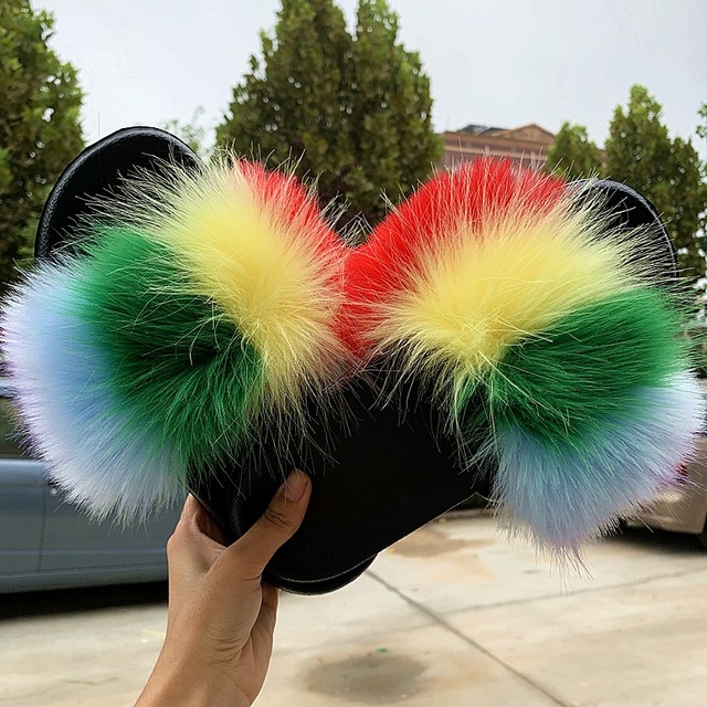 Fashion designer luxury ladies furry fur slippers colorful sandals rainbow shoes for women