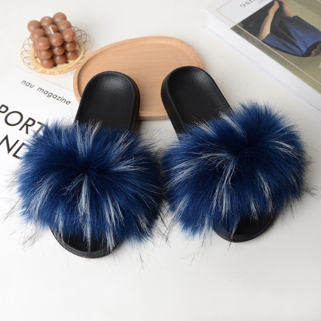 Women Summer New Synthetic Fox Fur Slippers Indoor Home Furry Cute Faux Raccoon Fur Non-slip Outdoor Home Shoes Beach Sandals