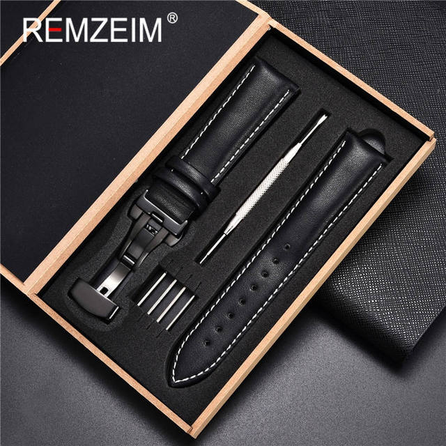 Rimzm Soft Calfskin Leather Watches 18mm 20mm 22mm 24mm Straps Automatic Butterfly Clasp Watch Accessories With Box