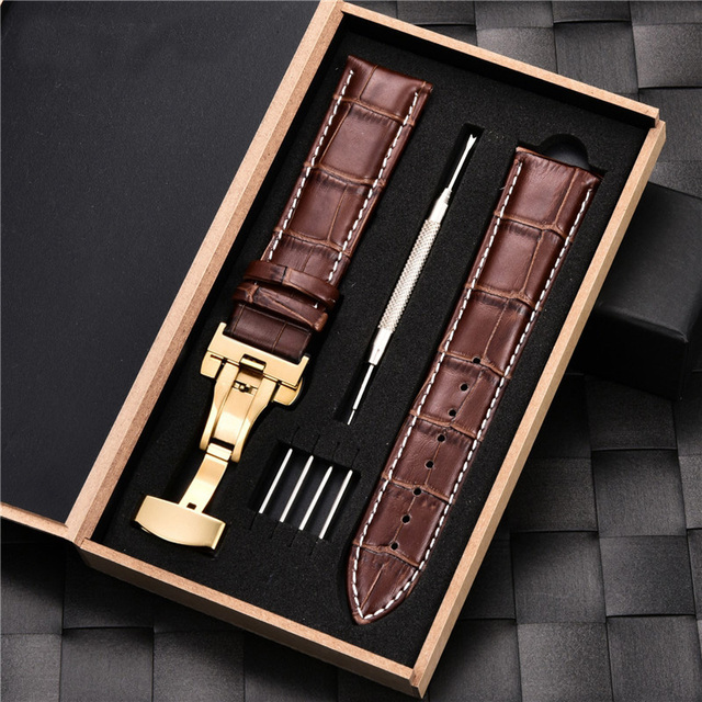 Grain Leather Watches With Stainless Steel Automatic Clasp Men's Watch Bracelet 18mm 20mm 22mm 24mm Gift Watch Box Straps