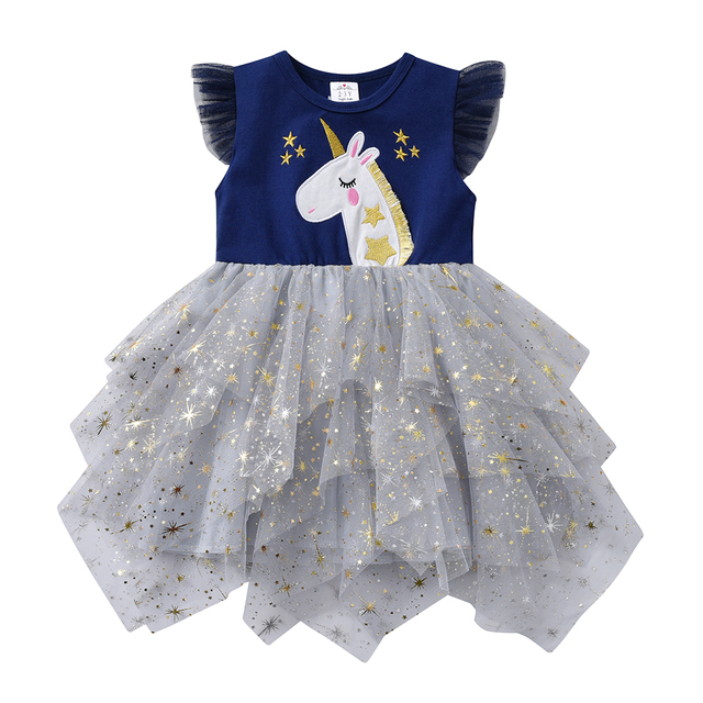 DXTON-Girls Summer Dresses Princess Kids Clothes Flying Sleeve Unicorn Dress 2021