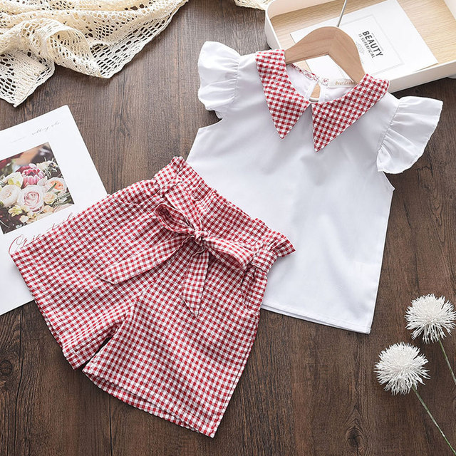 Menoea 2-Pieces Fashion Children's Clothing Sets New Summer Baby Girls Plaid Suspenders Vest Shorts Suits Kids Outfits