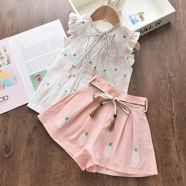 2022 Summer New Kids Clothes Fruit Print Casual Girls Clothing Set + Pants 2 Pack Fashion Ribbon Bow Set Toddler Clothing