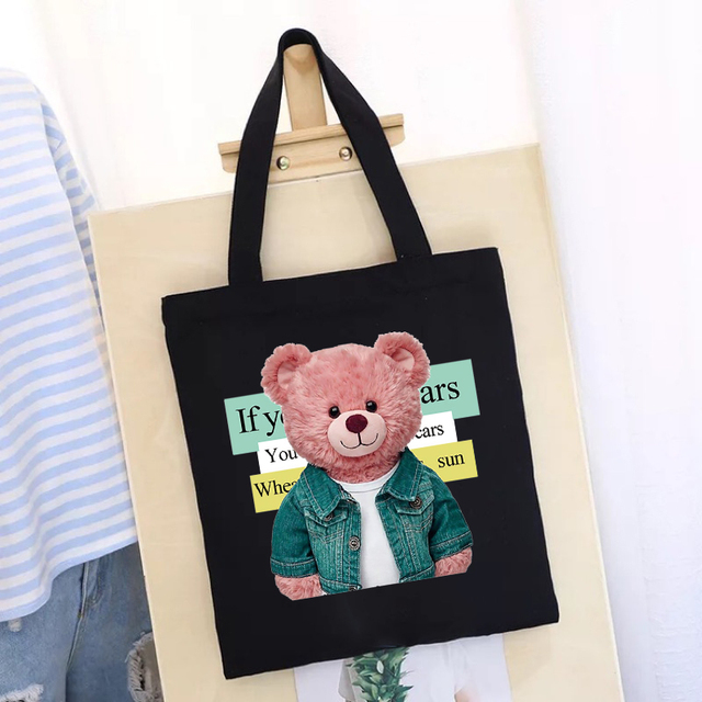 Women's Shopping Bag All-match Bear Chain Handbag Folding Reusable Canvas Shopper Harajuku Style Bag New Student Canvas Tote Bag