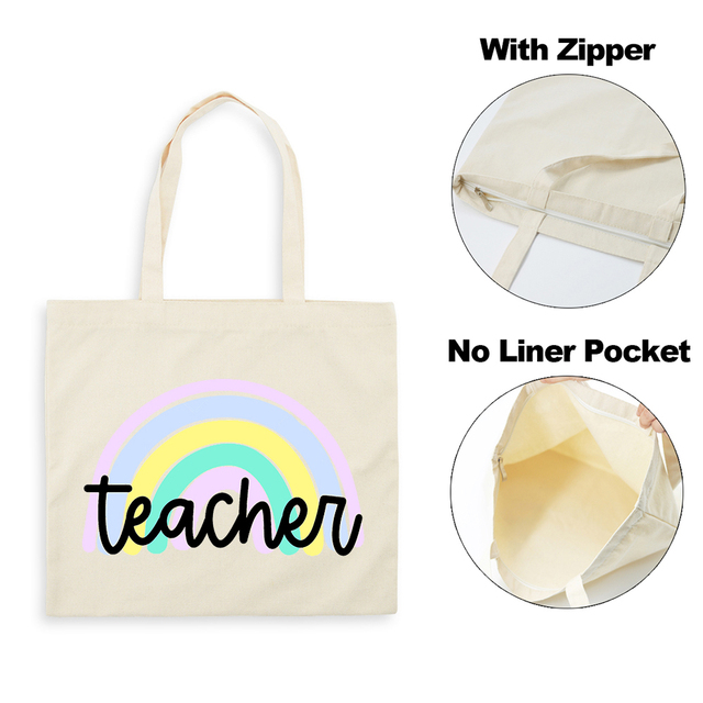 Best Teacher Ever Rainbow Women Canvas Shopping Bag Teacher Life Reusable Aesthetic Eco Tote Shoulder Bags Storage Travel Gift Bag