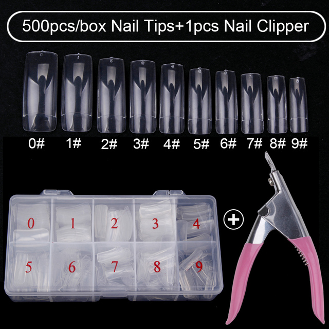 500pcs/box Clear Artificial False Nail Tips Capsule with Nails Cutter Coffin French Full Cover Fake Nails Manicure Tools