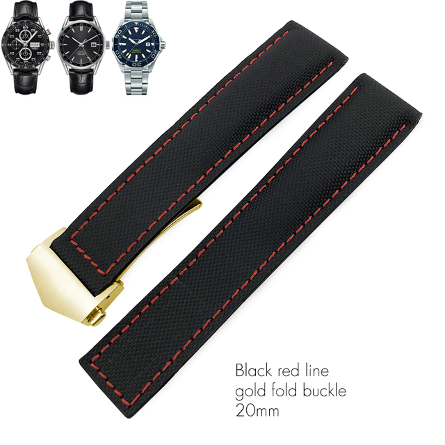 20mm 22mm Canvas Nylon Leather Watch Strap Fold Buckle Black Watch Band For Tag Heuer Carrera AQUARACER Watch Bracelets For Men