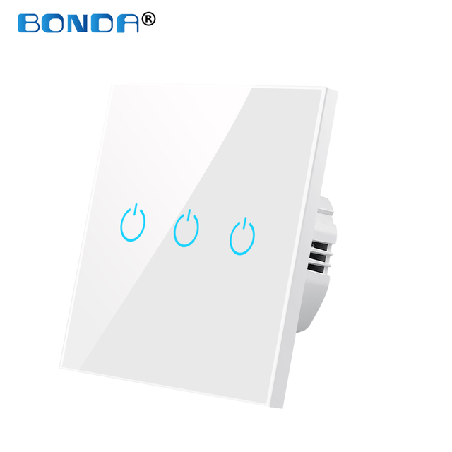 BONDA Touch Wall Switch 220V EU Standard Tempered Glass Crystal Power Panel 1/2/3 Gang 1 Way Light Sensor Switch Waterproof